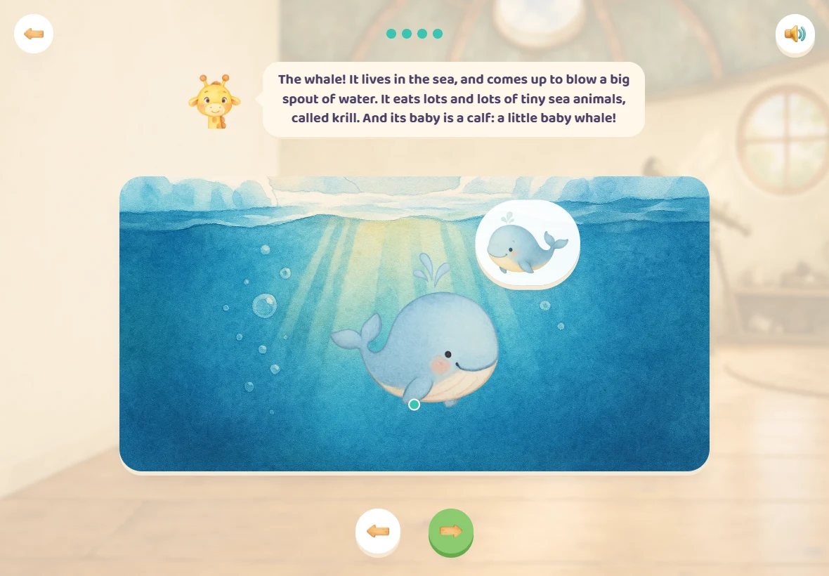 The polar ice walk in the game: the whale under the sea, its calf in a bubble, and Girafoufou telling where it lives and what it eats