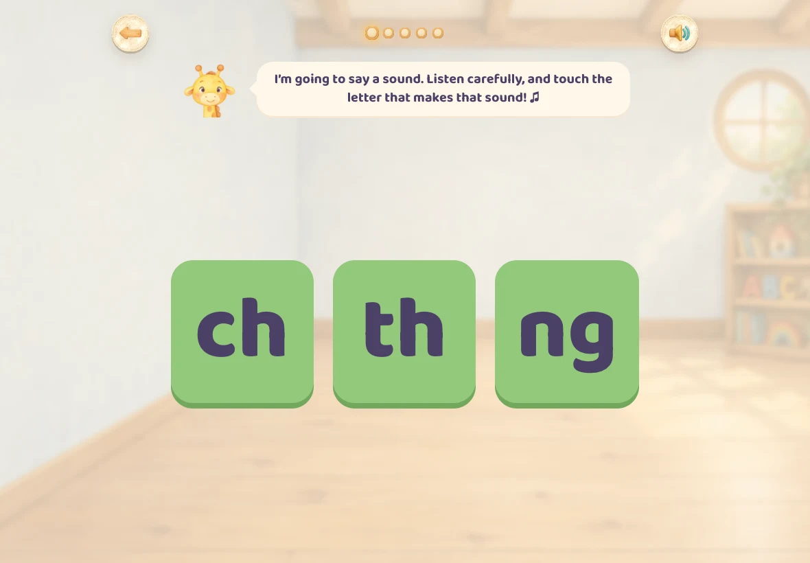 The English two-letter sound game, with ch, th and ng to choose from