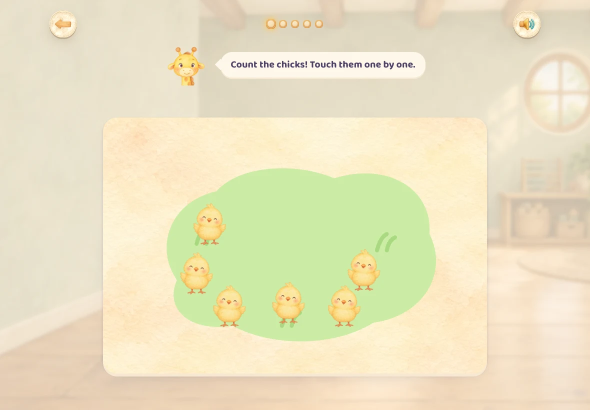 Six chicks scattered on the grass in the English game, under the instruction “Count the chicks! Touch them one by one.”