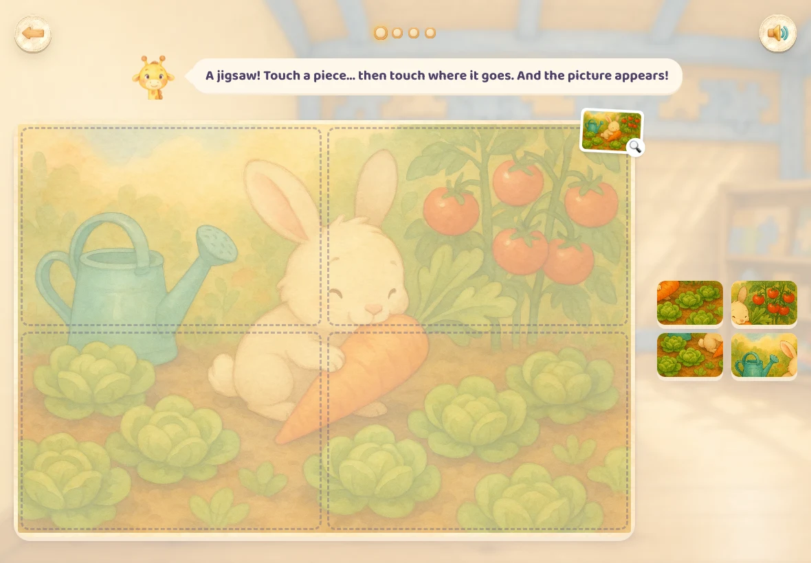 A four-piece watercolour jigsaw, with its picture guide and pieces ready to place