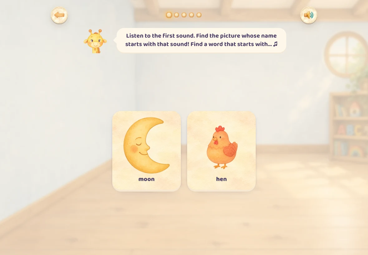 An English first-sound activity, with moon and hen picture choices