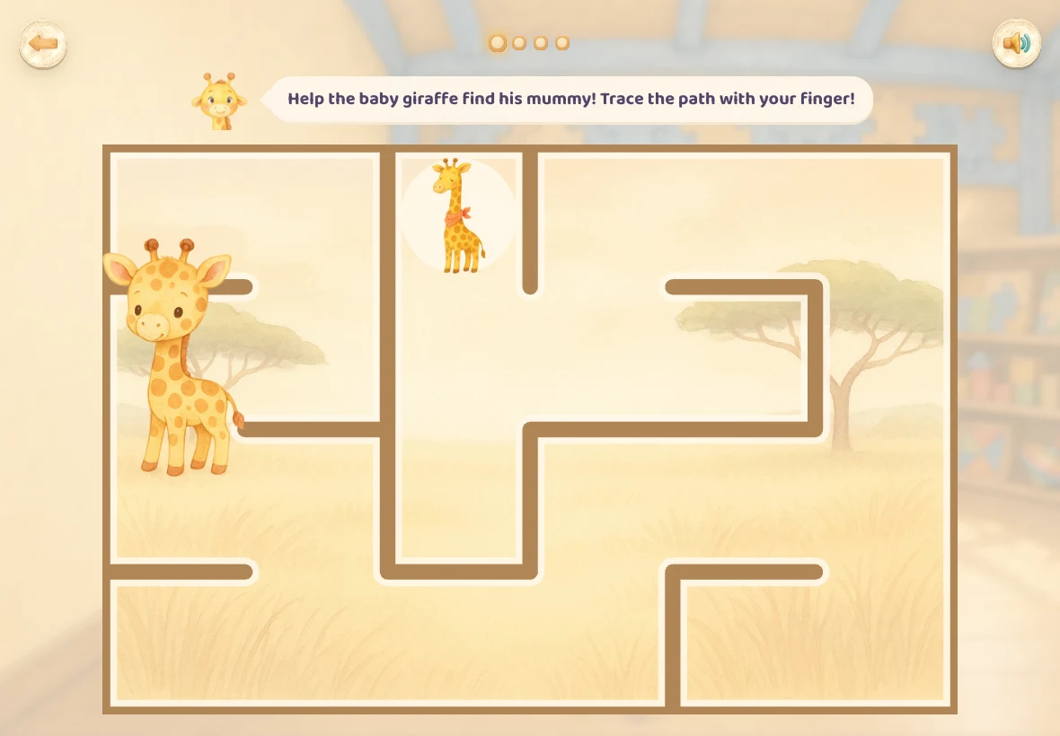 A painted maze with Girafoufou ready to follow its paths
