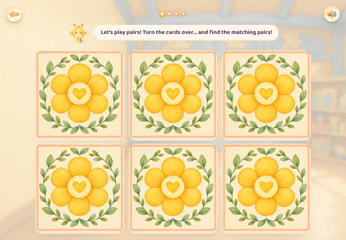 A memory game in Girafoufou: six cards face down, their backs painted with a yellow flower, and Girafoufou’s instruction above