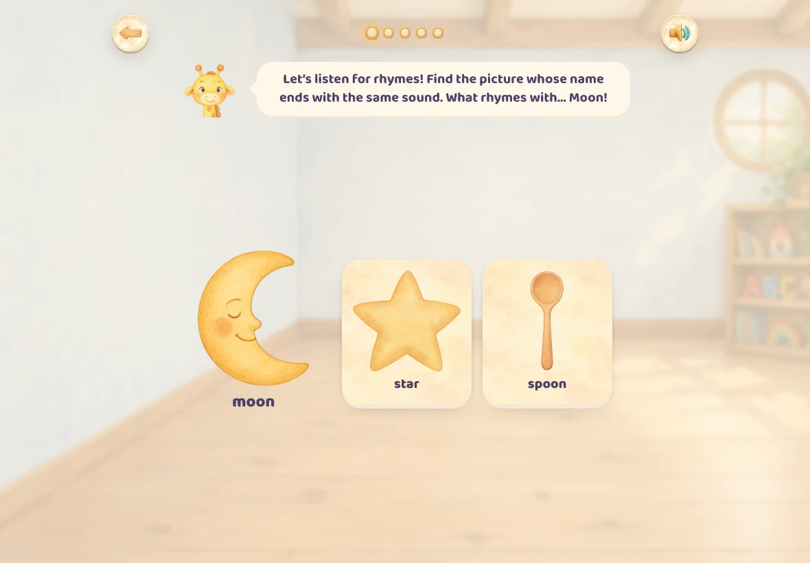 The English rhyming game: moon, with star and spoon picture choices