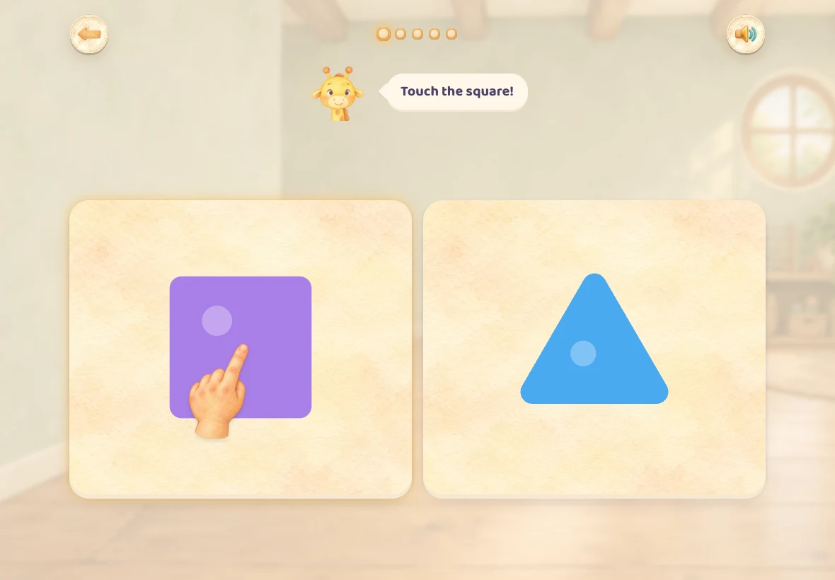 Two cards in the English game, a purple square and a blue triangle, under the instruction “Touch the square!”