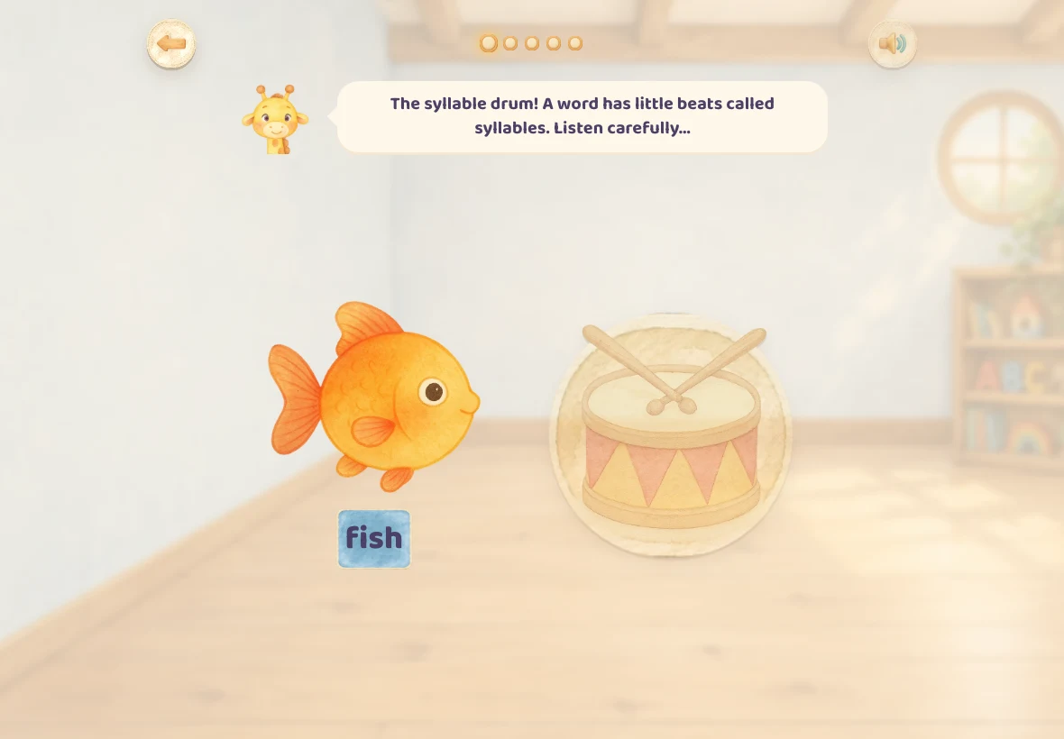 The syllable drum in the English game: a painted goldfish, the word fish written underneath, and the drum to beat beside it