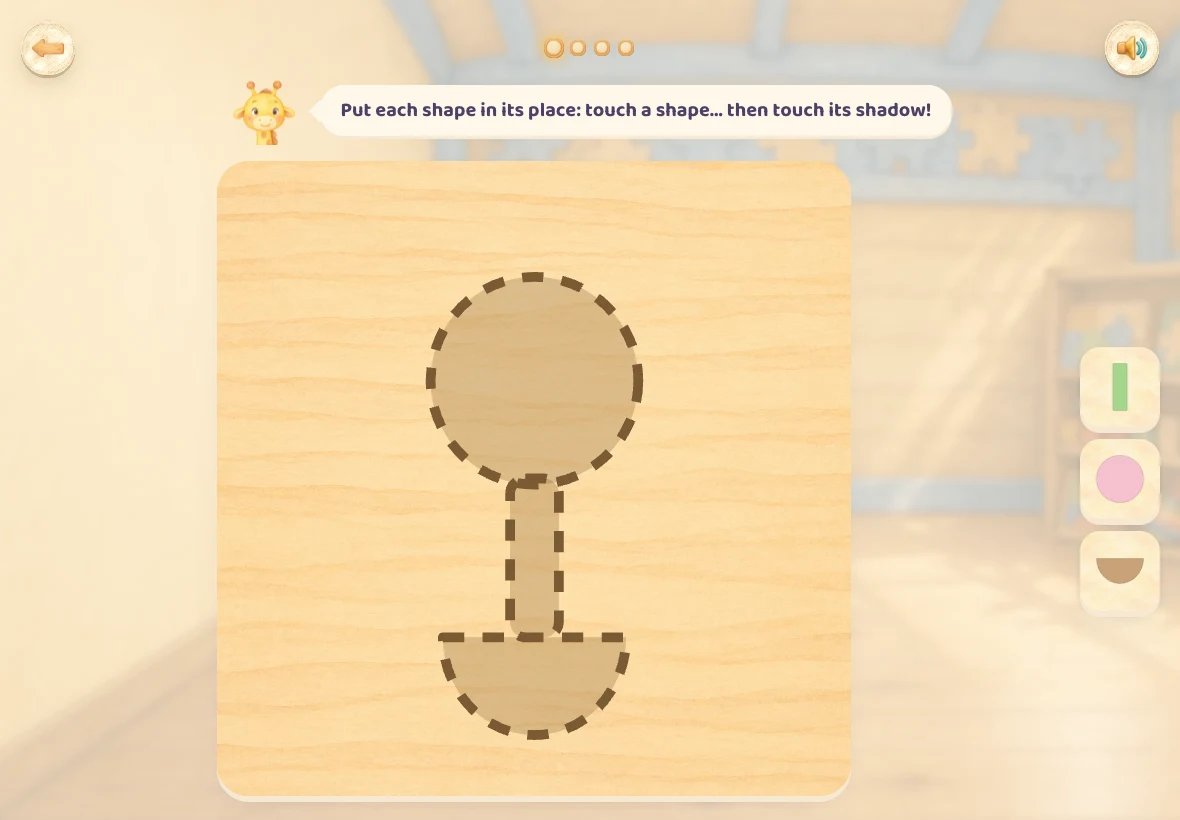 A tangram in Girafoufou: the dotted shadow of a flower in its pot on the wooden board, and the three pieces waiting on the side