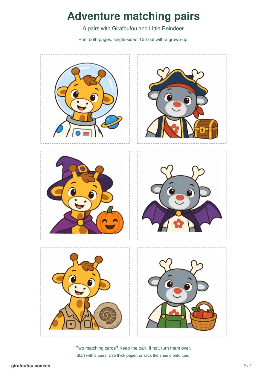 Printable matching pairs: six adventures · page 2